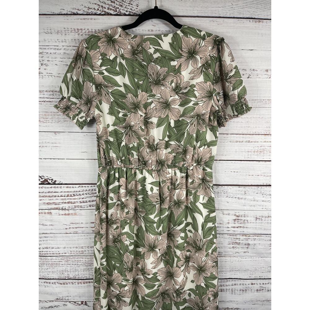 C Dress Women's Size Small Green Pink Floral Maxi Button Front Short Sleeve - Picture 8 of 9